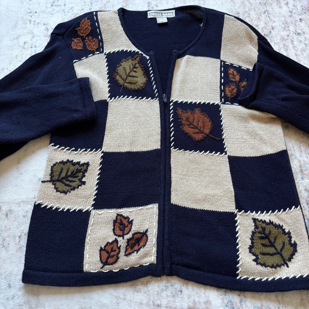 Vintage Dress Barn Navy and Cream Fall Embroidered Cardigan